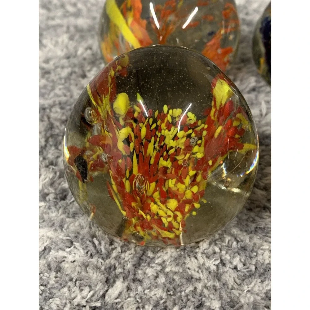 4 Hand Blown Art Glass Paperweight Bubble Sphere Yellow‎ Orange Blue Red